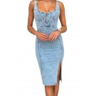 Queenspace Women's Denim Dress Sleeveless Side Slit Bodycon Midi Jean Scoop Neck Dresses
