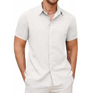 Queenspace Linen Shirts for Men Button Down Beach Shirt Short Sleeve Men's Casual Summer Vacation Shirts