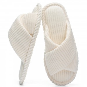 Queenspace Slippers for Women Memory Foam House Bedroom Corduroy Bow Crossbands Open Toe Slide Slipper Shoes Comfy Trendy Gift for womens Anti-Skid sole