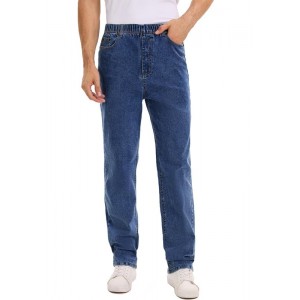 Queenspace Men's High Elastic Waist Jeans Relaxed Fit Straight Leg Stretch Denim Jeans with Zipper