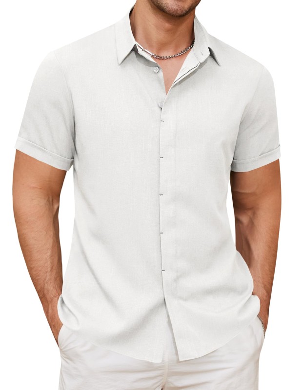 Queenspace Linen Shirts for Men Button Down Beach Shirt Short Sleeve Men's Casual Summer Vacation Shirts