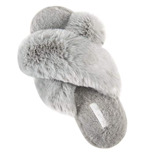 Queenspace Women's Cross Band Soft Plush Fleece House Indoor or Outdoor Slippers