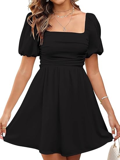 Queenspace Womens Summer Short Dress Casual Puff Sleeve Off Shoulder Sundress Wedding Guest Graduation Dresses for Women 2025