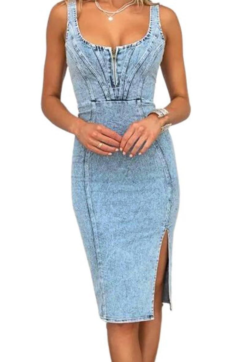 Queenspace Women's Denim Dress Sleeveless Side Slit Bodycon Midi Jean Scoop Neck Dresses