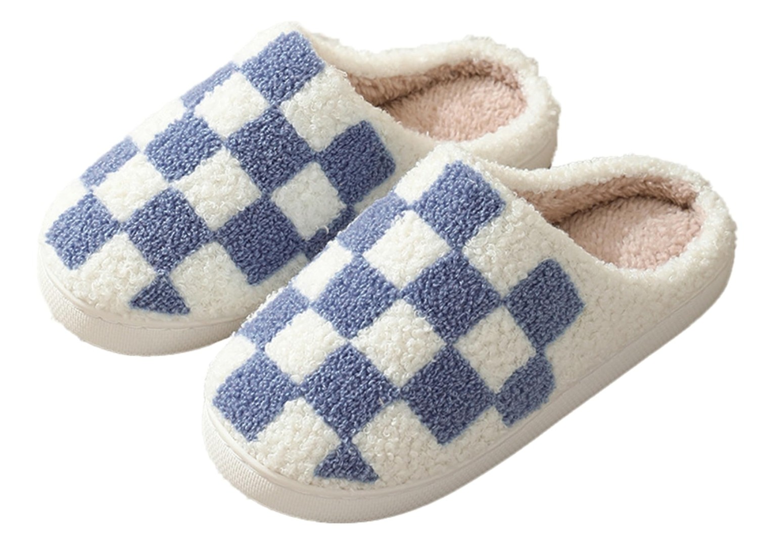 Queenspace Checkered Slippers Women Fuzzy Memory Foam Men House Slippers Trendy Checkerboard Fluffy Preppy Slippers Bedroom Closed Toe Sandals